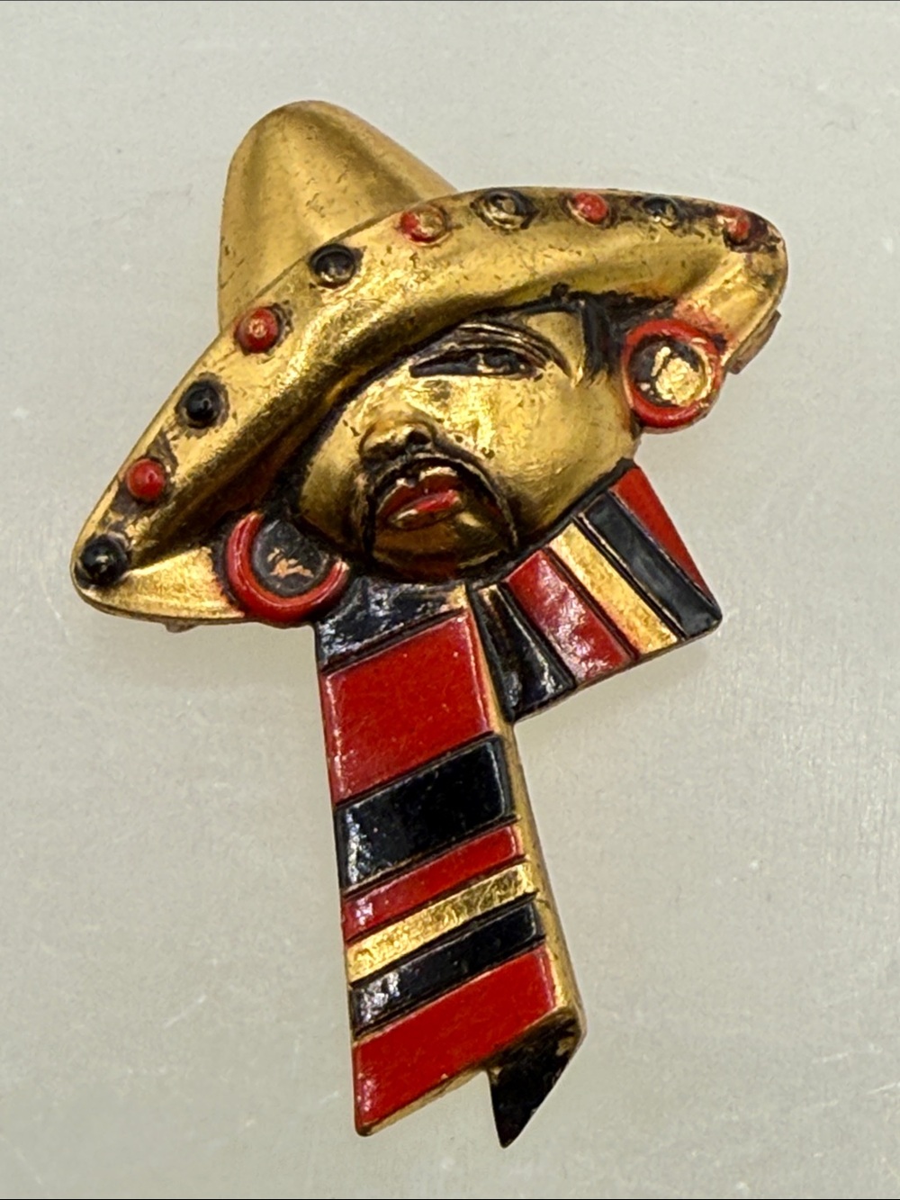 Rare Vintage Gold-tone Sombrero Face Brooch with Red & Black Enamel 1950’s
